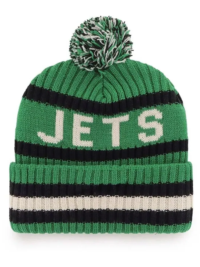 Мужская вязаная шапка Kelly Green New York Jets Legacy Bering с манжетами и помпоном '47 Brand — изображение 2 из 2, зеленый