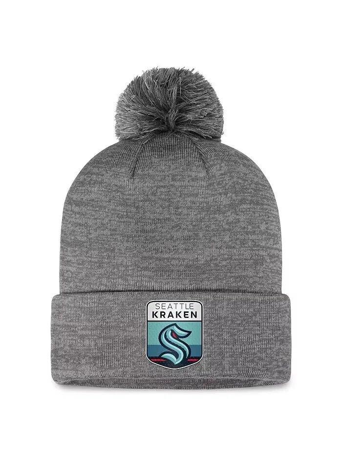 Мужская серая вязаная шапка Seattle Kraken Authentic Pro Home Ice с манжетами и помпоном Fanatics — изображение 1 из 2, серый