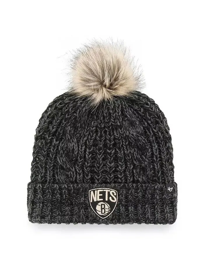 Черная женская вязаная шапка Brooklyn Nets Meeko с манжетами и помпоном '47 Brand — изображение 1 из 1, черный