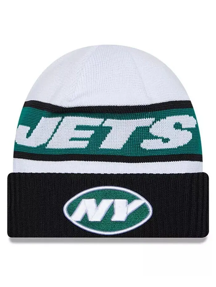 Мужская бело-черная вязаная шапка с манжетами New York Jets 2023 Sideline Tech New Era