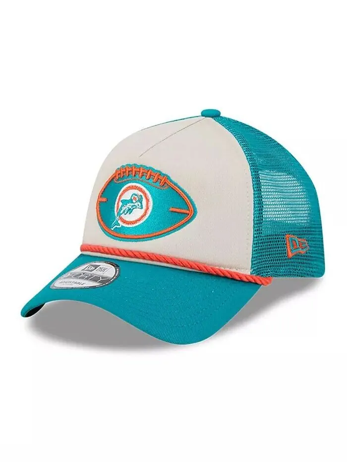 Мужская регулируемая кепка Stone/Aqua Miami Dolphins 2024 Sideline Historic 9FORTY A-Frame Trucker — изображение 1 из 4