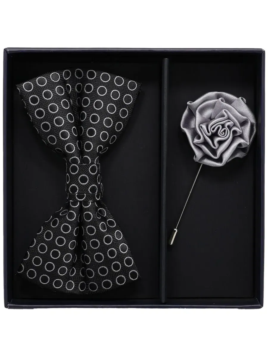 Комплект из галстука-бабочки и булавки на лацкан, модель 2-Piece Bow Tie and Lapel Pin Box Set Ben — серый