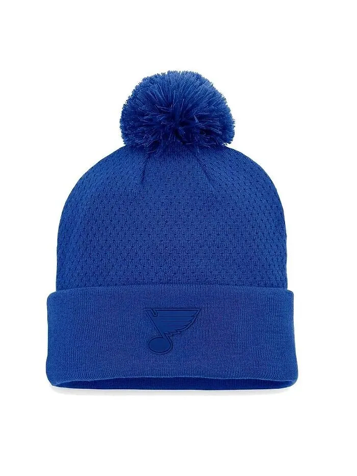 Женская синяя вязаная шапка St. Louis Blues Authentic Pro Road с манжетами и помпоном Fanatics — изображение 1 из 2