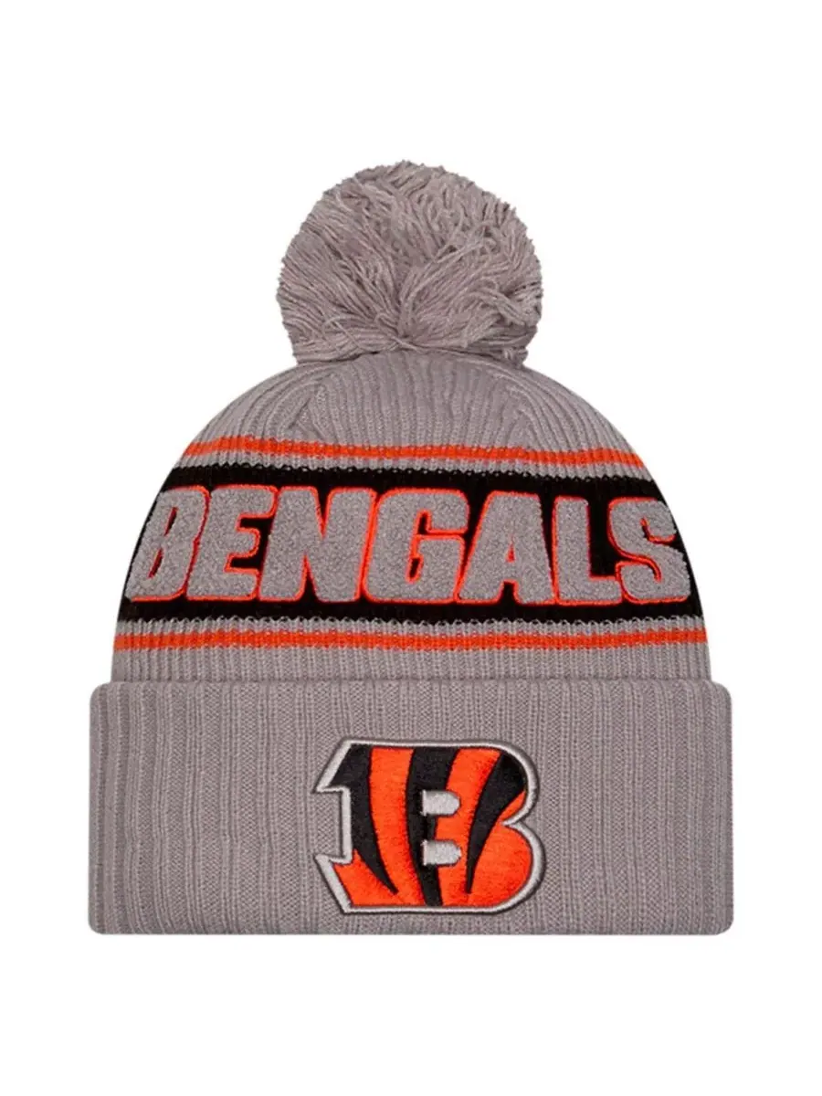New Era Мужская серая вязаная шапка Cincinnati Bengals 2024 Sideline Sport с отворотом и помпоном