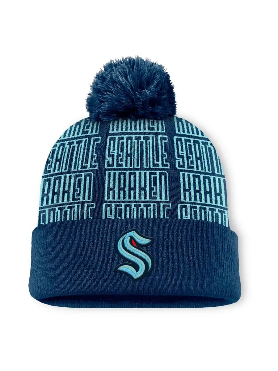 Fanatics Мужская вязаная шапка Seattle Kraken Fundamental Empty Net с отворотом и помпоном — изображение 1 из 2