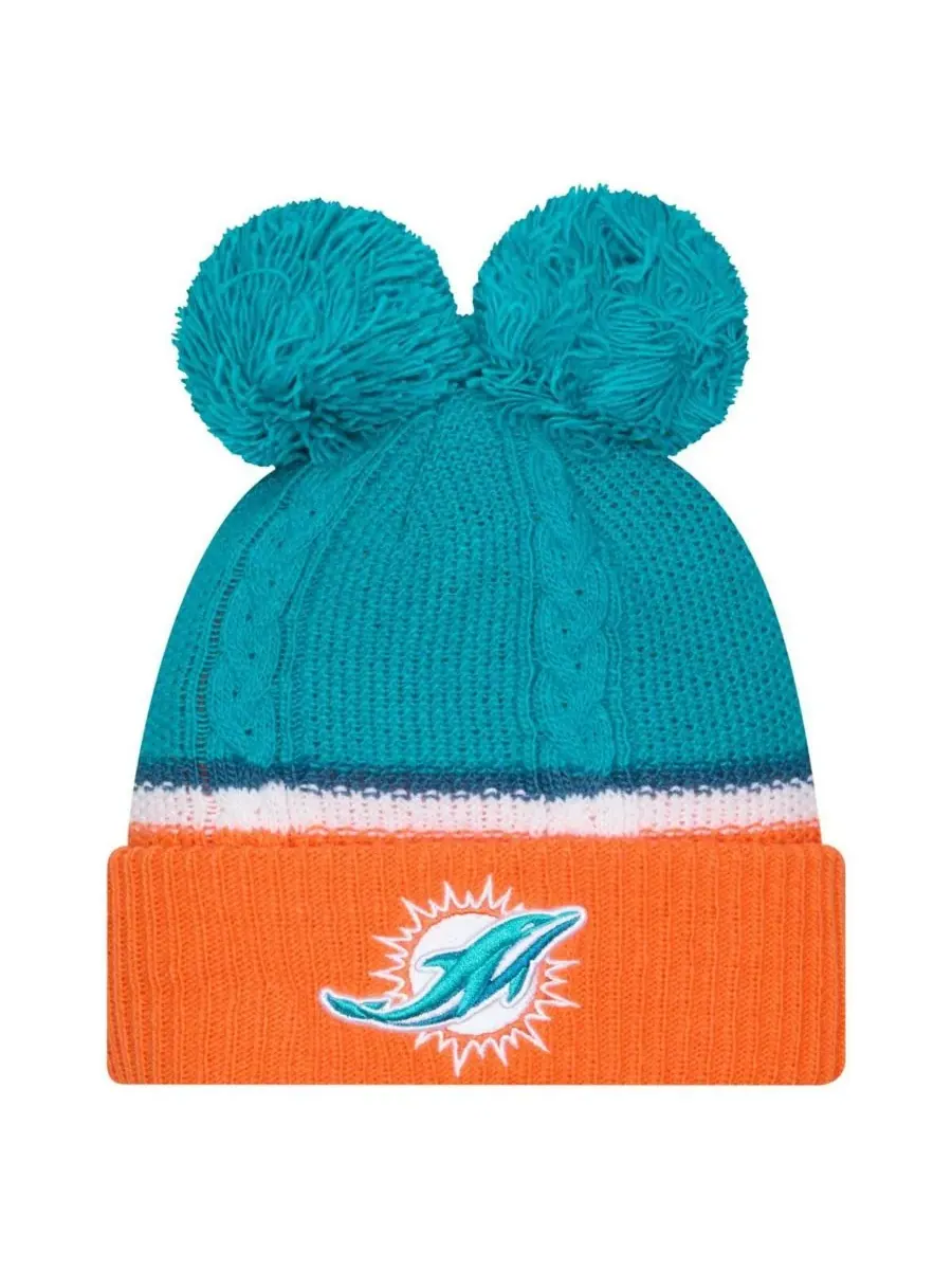 Женская вязаная шапка Aqua Miami Dolphins Double Bubble с отворотом и помпоном New Era — изображение 1 из 2, голубой