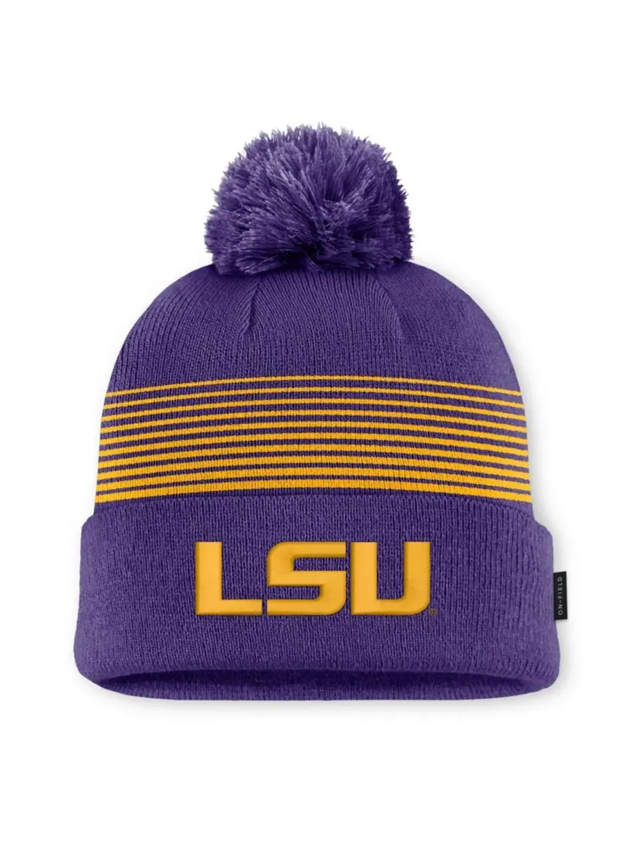 Шапка вязаная с помпоном и козырьком LSU Tigers 2026 On-Field Cuffed Knit Hat with Pom Nike — изображение 1 из 2