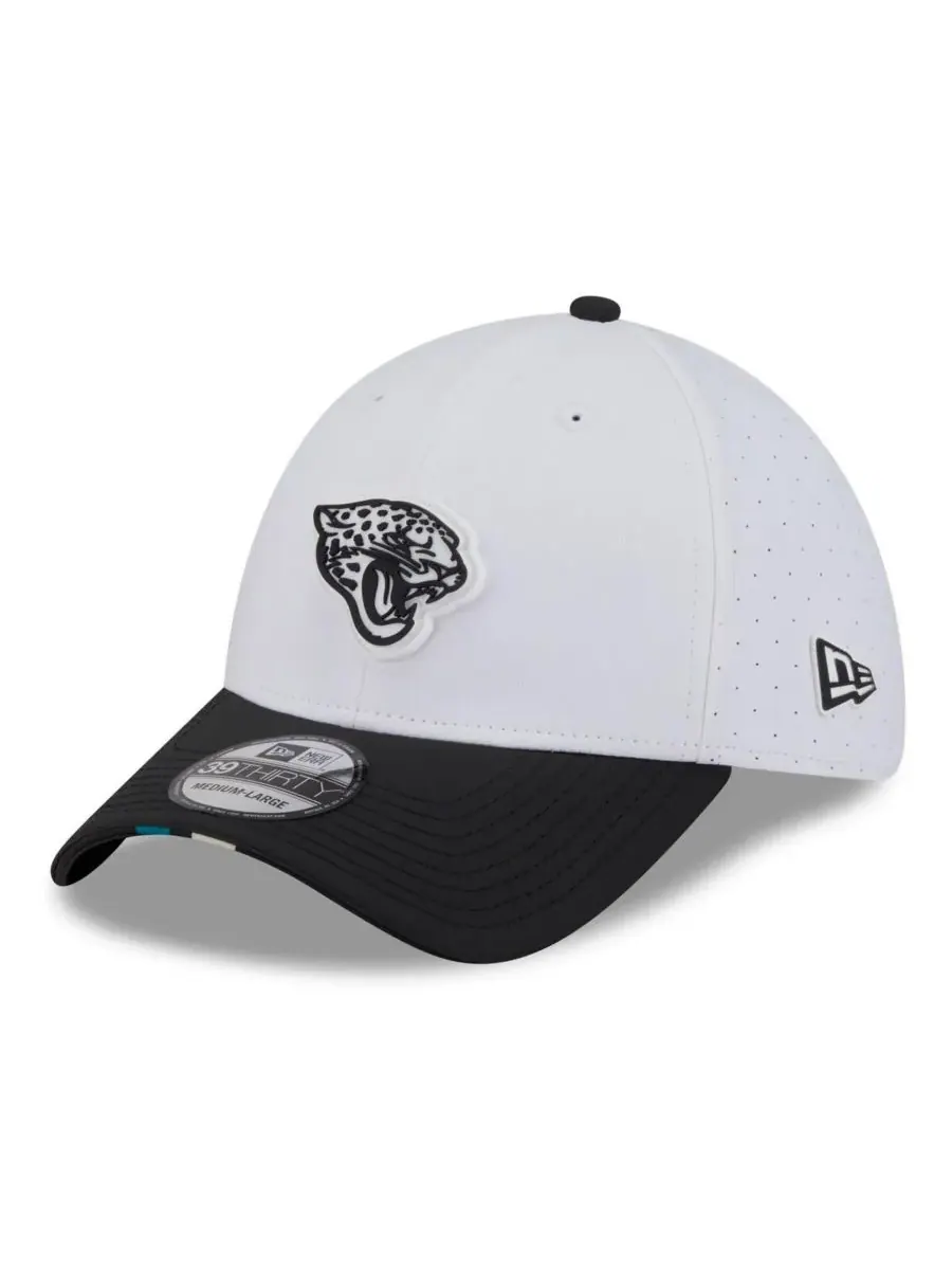 New Era Мужская бело-черная кепка Jacksonville Jaguars 2025 NFL Training Camp 39THIRTY Flex Hat — изображение 1 из 4