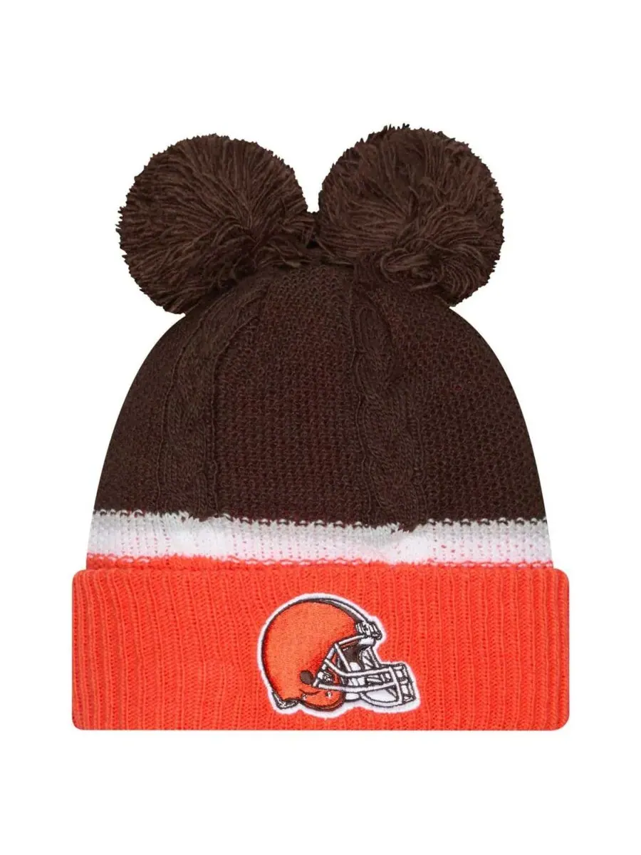 New Era Женская коричневая вязаная шапка с отворотом и помпонами в стиле Cleveland Browns Double — изображение 1 из 2