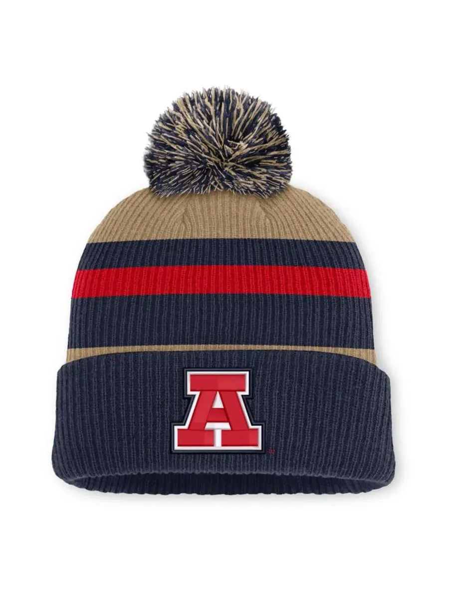 Шапка вязаная с помпоном, Legacy Striped Cuffed Knit Hat Nike — изображение 1 из 2, бежевый темно-синий