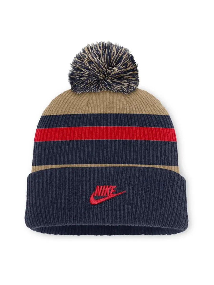 Шапка вязаная с помпоном, Legacy Striped Cuffed Knit Hat Nike — изображение 2 из 2, бежевый темно-синий