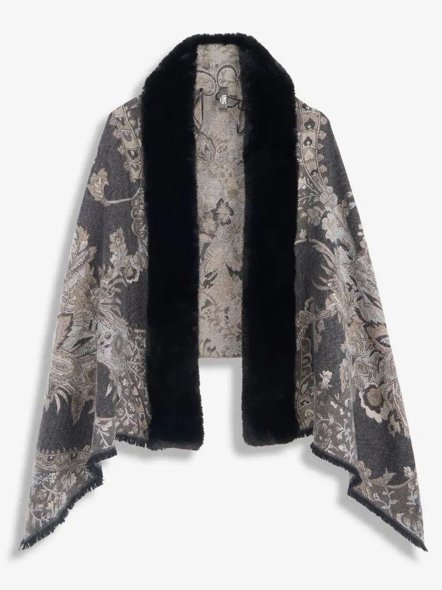 Шаль из парчи с отделкой из искусственного меха Brocade Floral Wrap Scarf I.N.C. International — изображение 1 из 3, черный