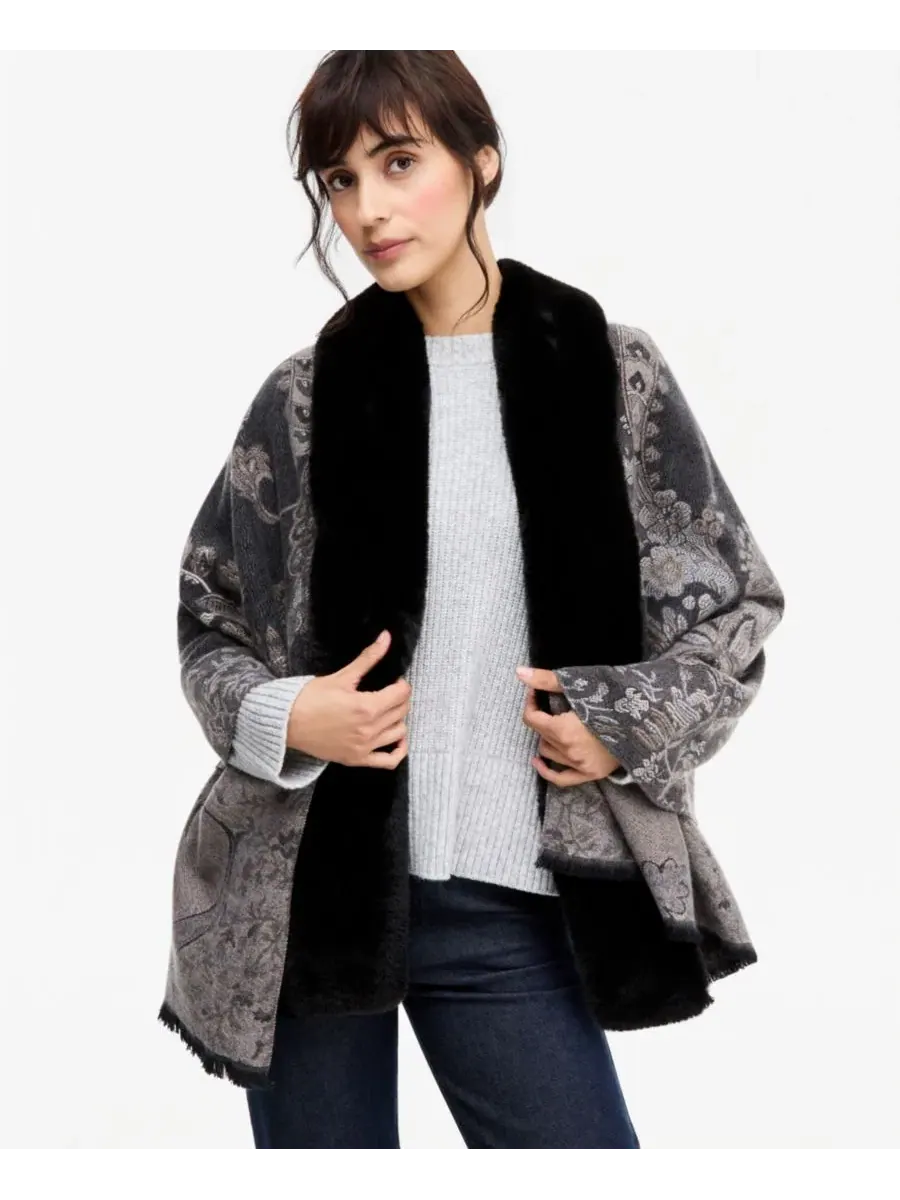 Шаль из парчи с отделкой из искусственного меха Brocade Floral Wrap Scarf I.N.C. International — изображение 3 из 3, черный