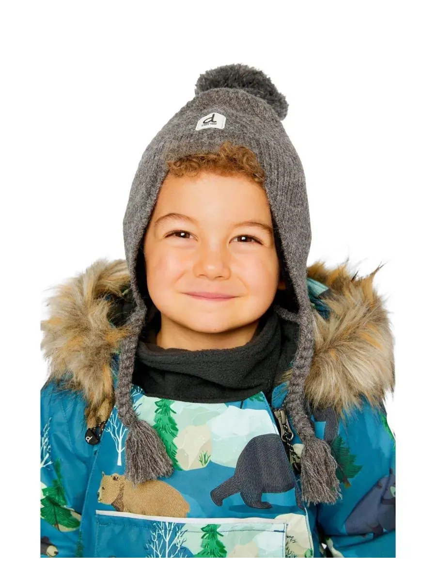 Зимняя вязаная шапка с помпоном Peruvian Knit Hat с ушками Little and Big Deux par Deux — изображение 2 из 5, темный серый