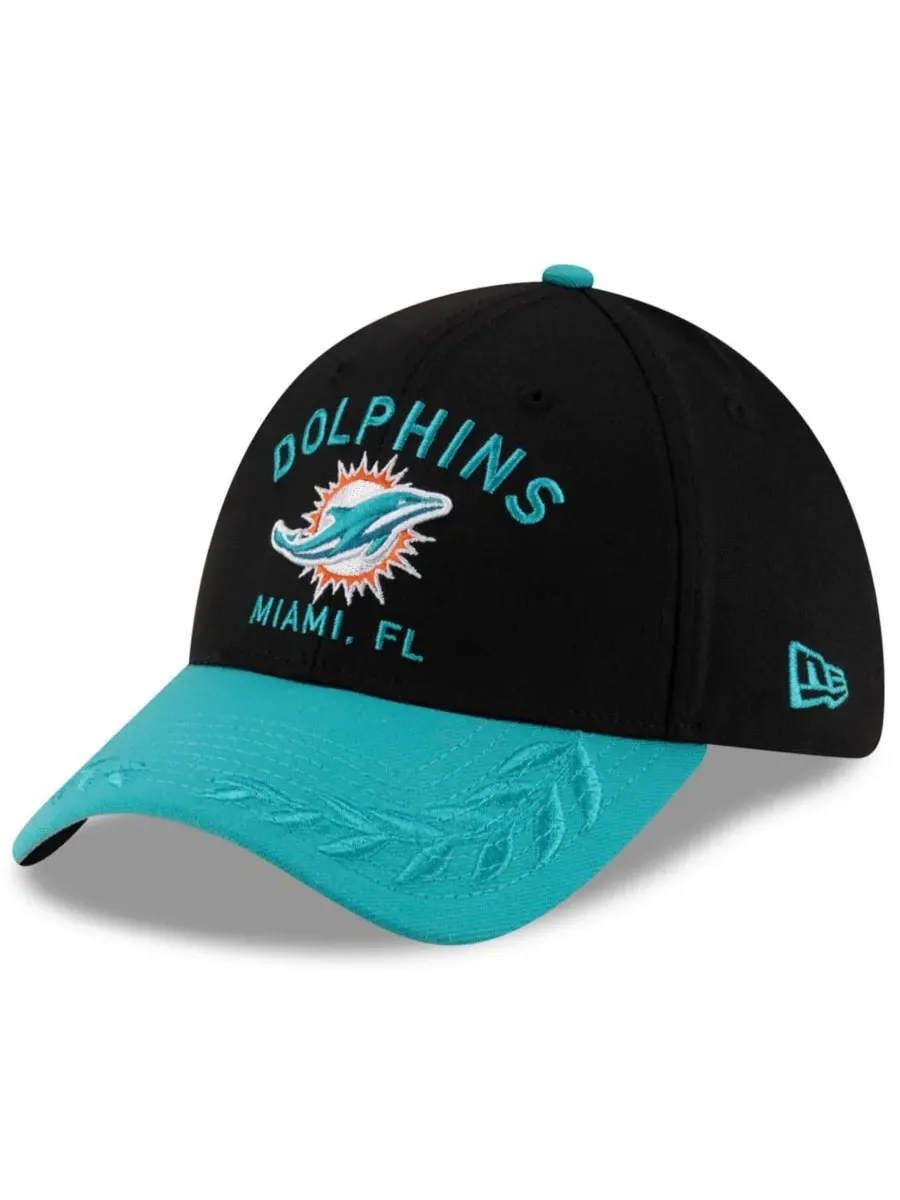 New Era Мужская кепка 39THIRTY Flex, черно-бирюзовая, с символикой команды Miami Dolphins, драфт — изображение 1 из 5