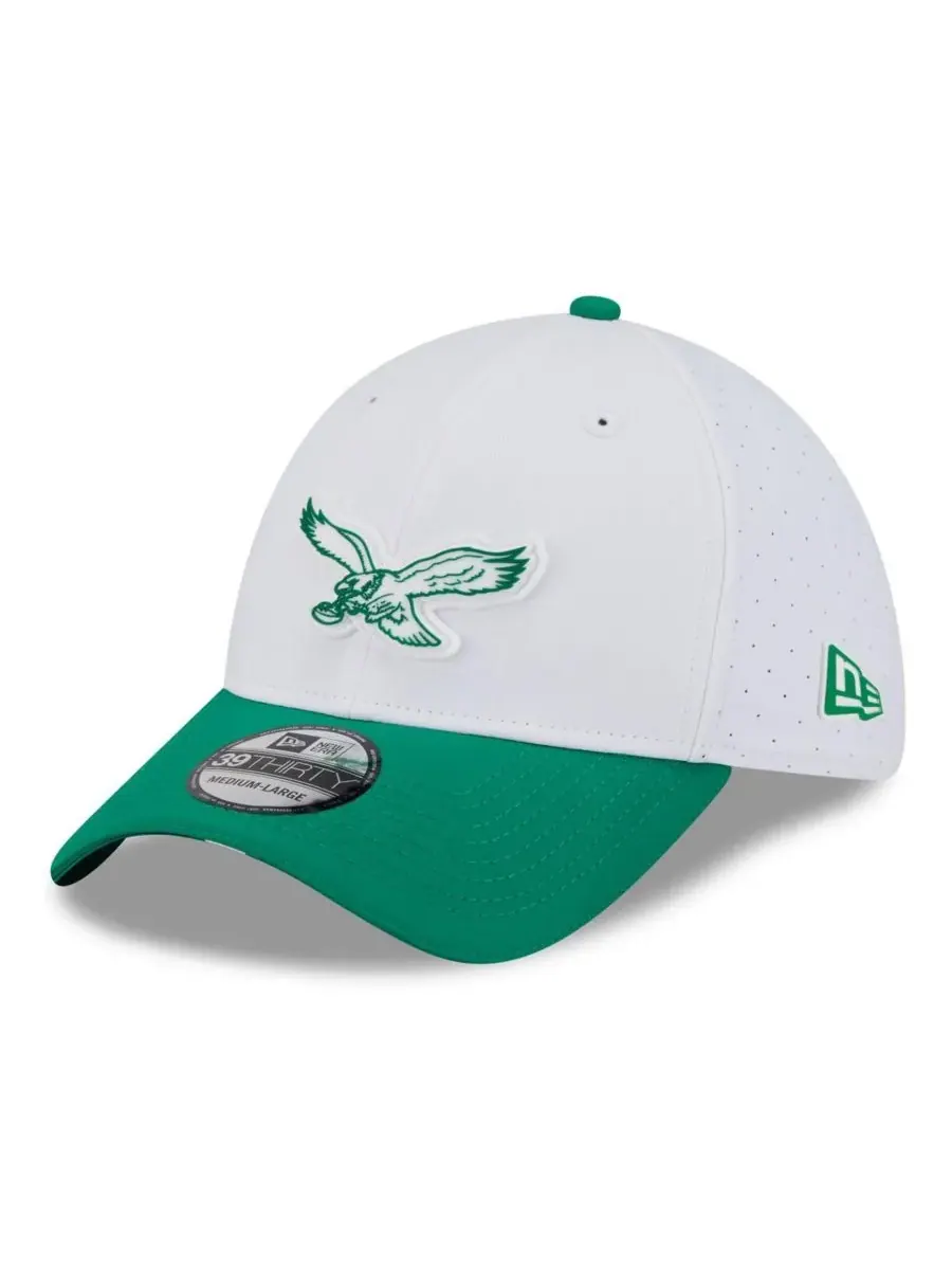 New Era Мужская кепка 39THIRTY Flex белого/зеленого цвета с логотипом тренировочного лагеря НФЛ — изображение 1 из 4