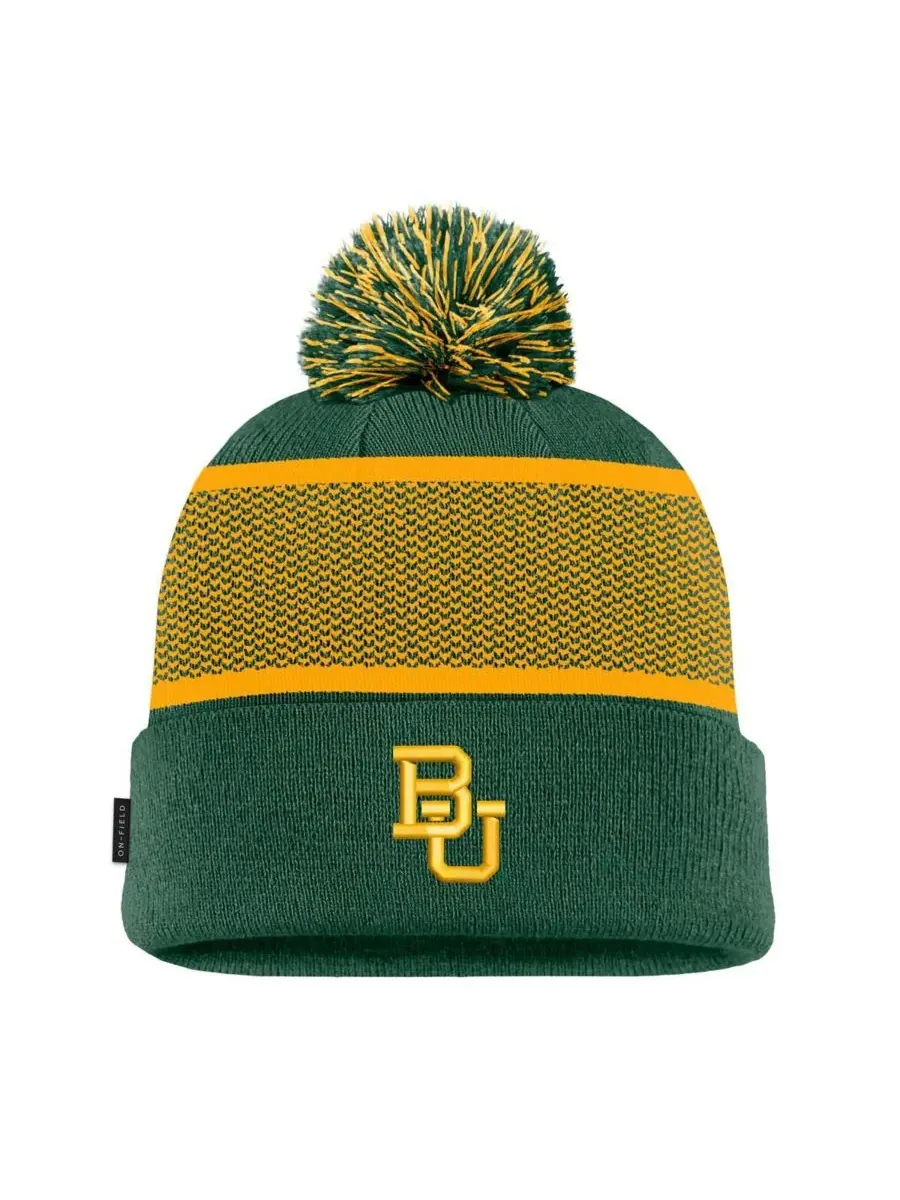 Nike Мужская зеленая вязаная шапка Baylor Bears 2024 Sideline Peak с отворотом и помпоном — изображение 1 из 2, зеленый