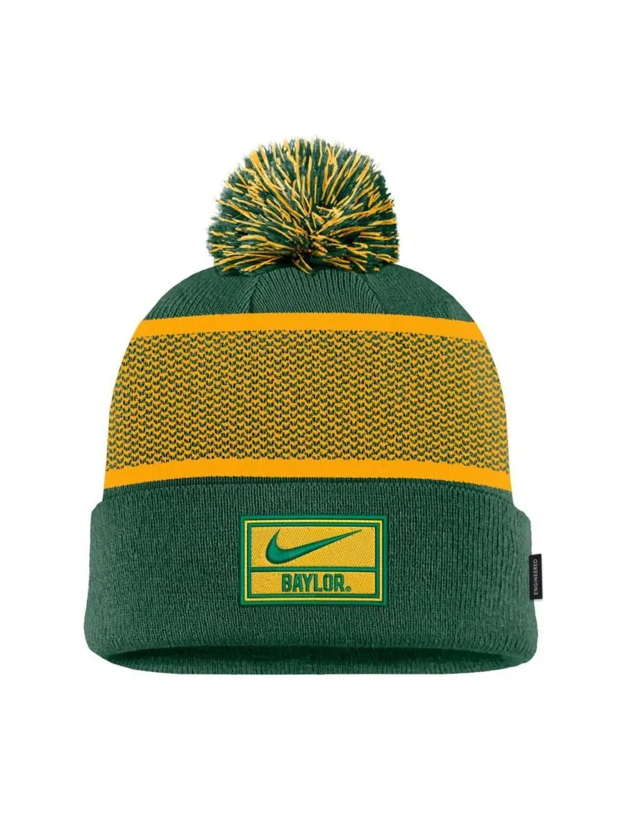 Nike Мужская зеленая вязаная шапка Baylor Bears 2024 Sideline Peak с отворотом и помпоном — изображение 2 из 2, зеленый
