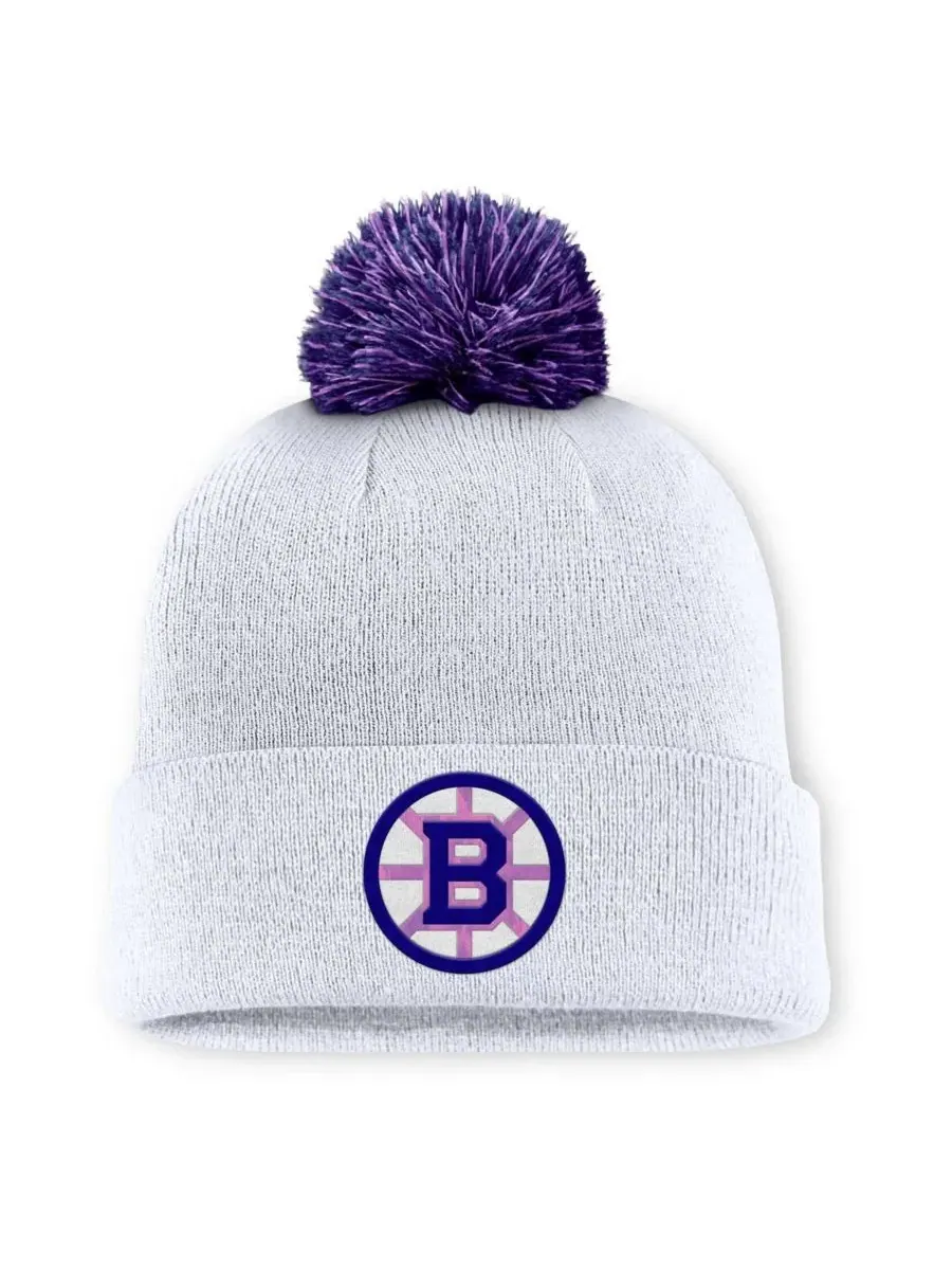 Вязаная шапка с помпоном, модель Authentic Pro Hockey Fights Cancer Fanatics — изображение 1 из 2, белый фиолетовый
