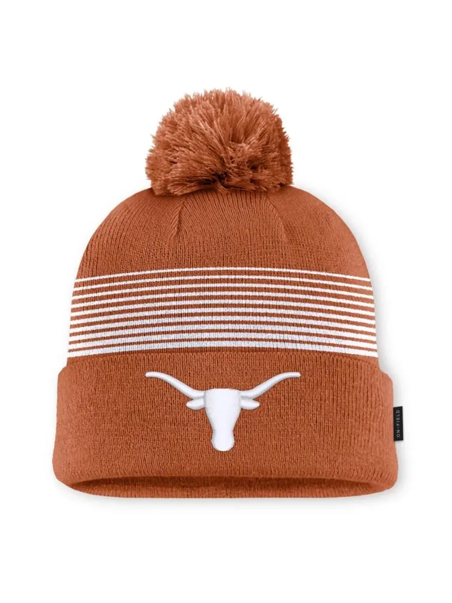 Шапка вязаная с помпоном Texas Longhorns 2026 On-Field Cuffed Knit Pom Hat Nike — изображение 1 из 2, оранжевый белый