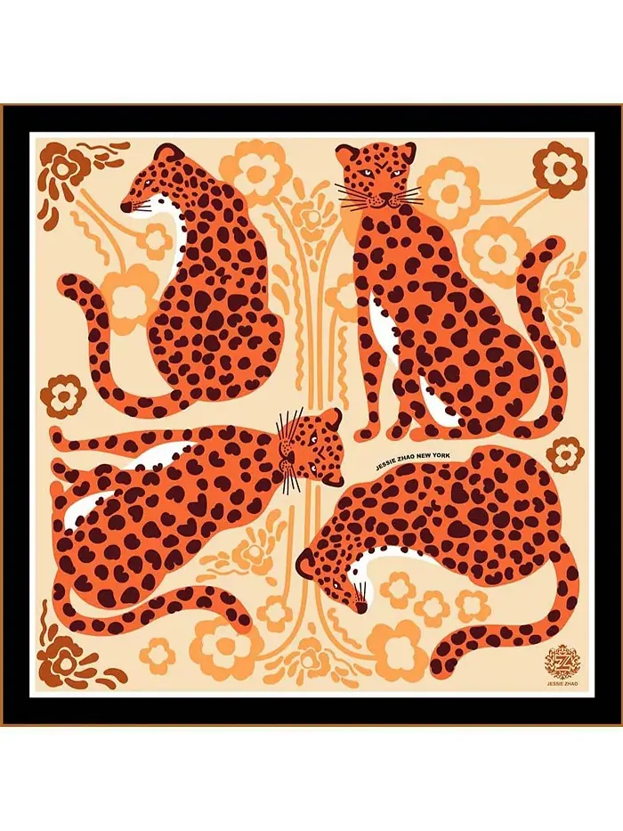 Шелковый бандана-шарф LEOPARDS WITH FLORAL FOUNTAIN Jessie Zhao New York — изображение 1 из 3, коричневый желтый