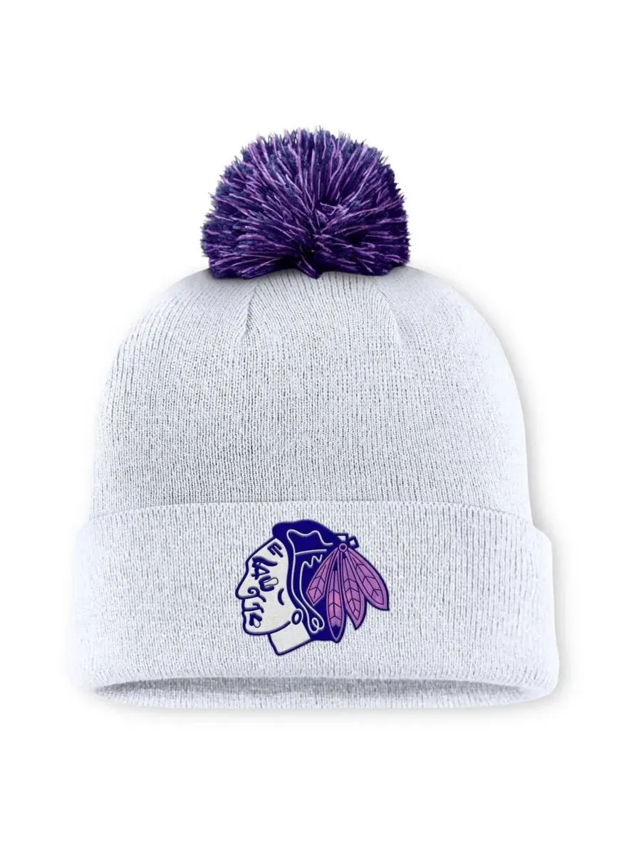 Вязаная шапка с отворотом и помпоном Hockey Fights Cancer Fanatics — изображение 1 из 2, белый фиолетовый