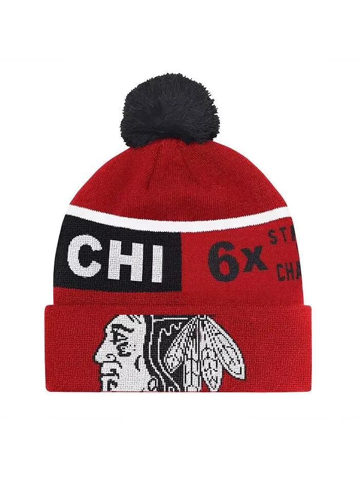 Мужская красная памятная вязаная шапка Chicago Blackhawks Chyron с манжетами и помпоном Starter — изображение 1 из 2
