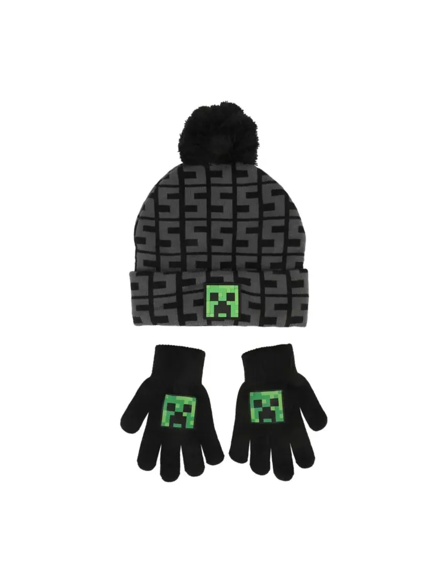 Minecraft Детский комплект SSSS Creeper Black, состоящий из вязаной шапки и перчаток — изображение 1 из 7, зеленый