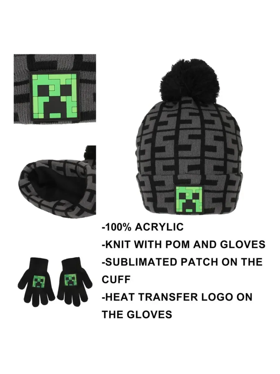 Minecraft Детский комплект SSSS Creeper Black, состоящий из вязаной шапки и перчаток — изображение 3 из 7, зеленый