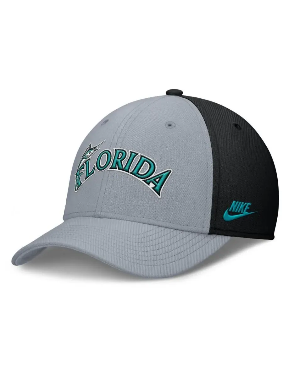 Nike Мужская серо-черная бейсболка Florida Marlins Rise Swoosh Performance Flex — изображение 1 из 4, серый черный