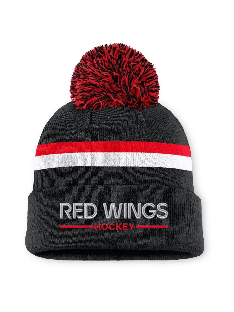 Женская черная вязаная шапка с отворотом и помпоном с символикой Detroit Red Wings Authentic Pro — изображение 1 из 2, черный
