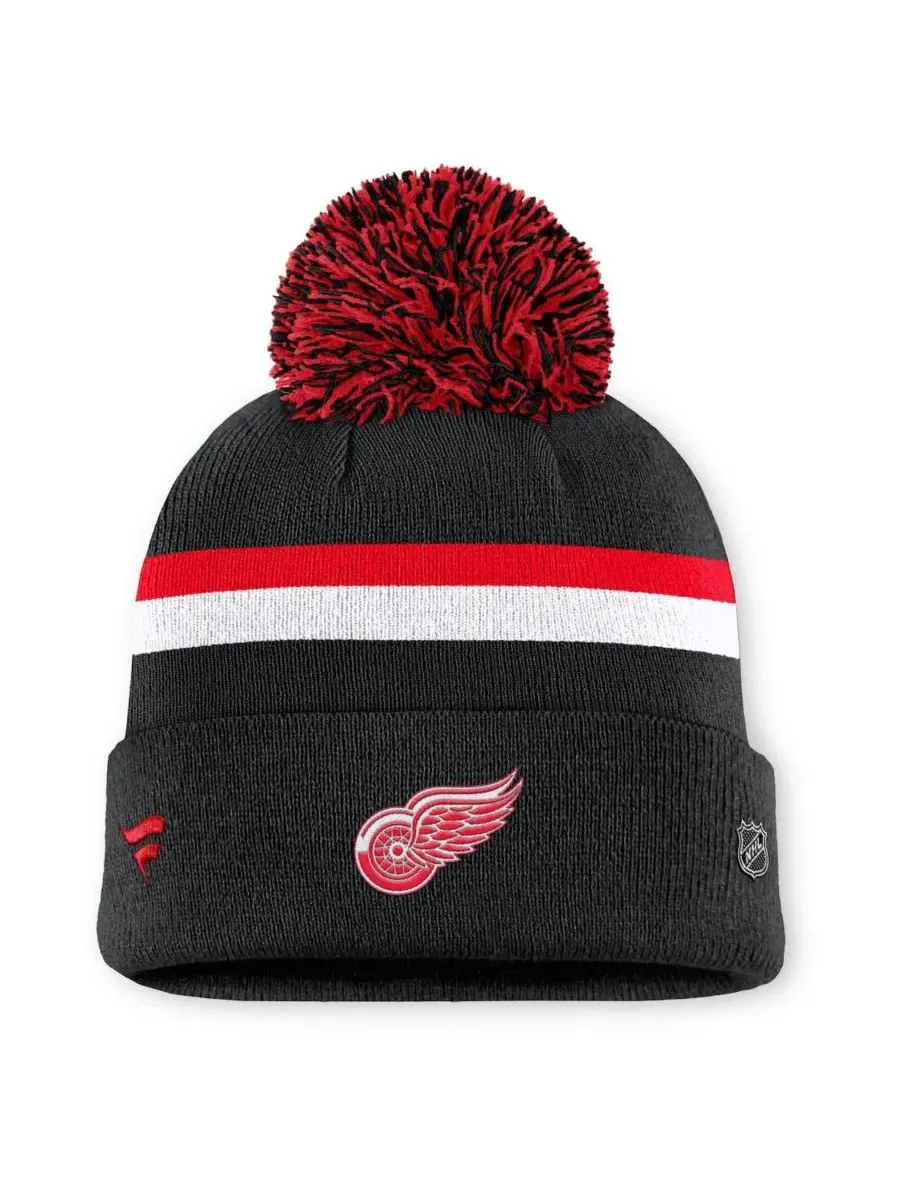 Женская черная вязаная шапка с отворотом и помпоном с символикой Detroit Red Wings Authentic Pro — изображение 2 из 2, черный