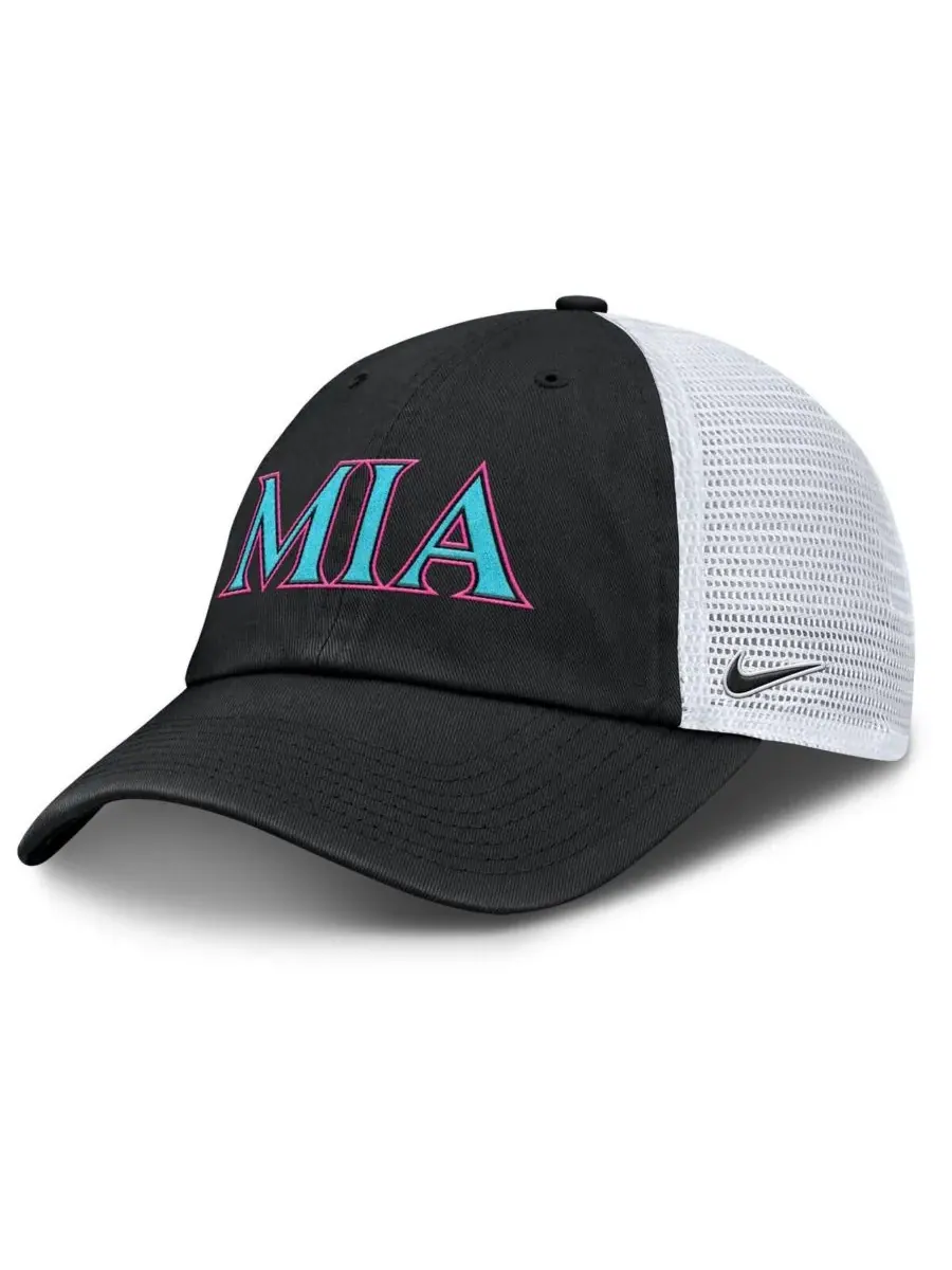 Nike Мужская и женская регулируемая бейсболка-тракер Miami Marlins 2025 City Connect черно-белого — изображение 1 из 4