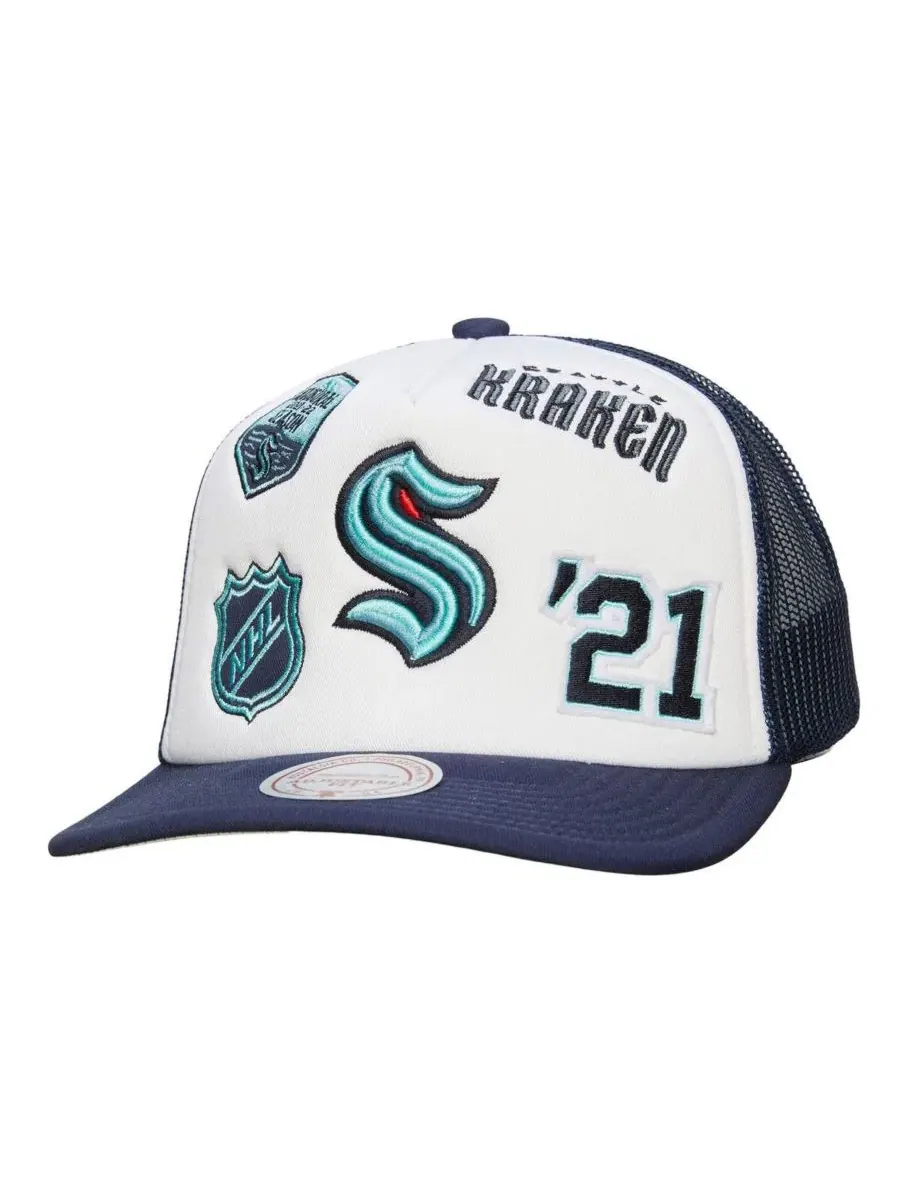 Бейсболка Mitchell & Ness Seattle Kraken Gridlock Trucker — изображение 1 из 2, белый темно-синий