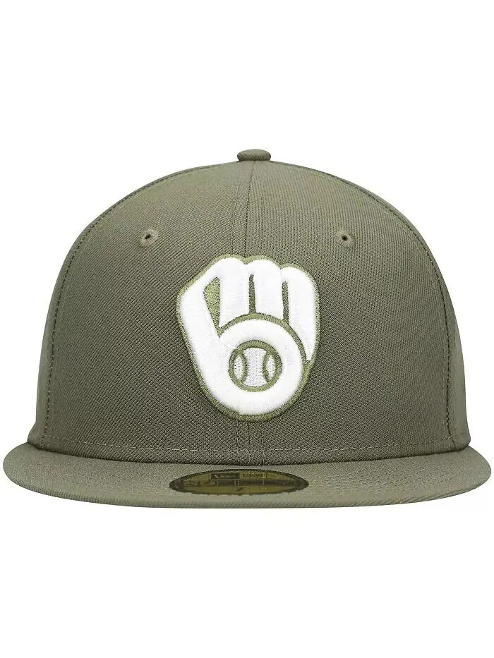 Мужская оливковая шляпа с логотипом Milwaukee Brewers, белая 59Fifty, приталенная шляпа New Era — изображение 2 из 2