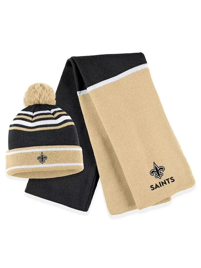 Женская черная шапка-манжета New Orleans Saints Colorblock с помпоном и шарфом в комплекте WEAR by — изображение 1 из 3