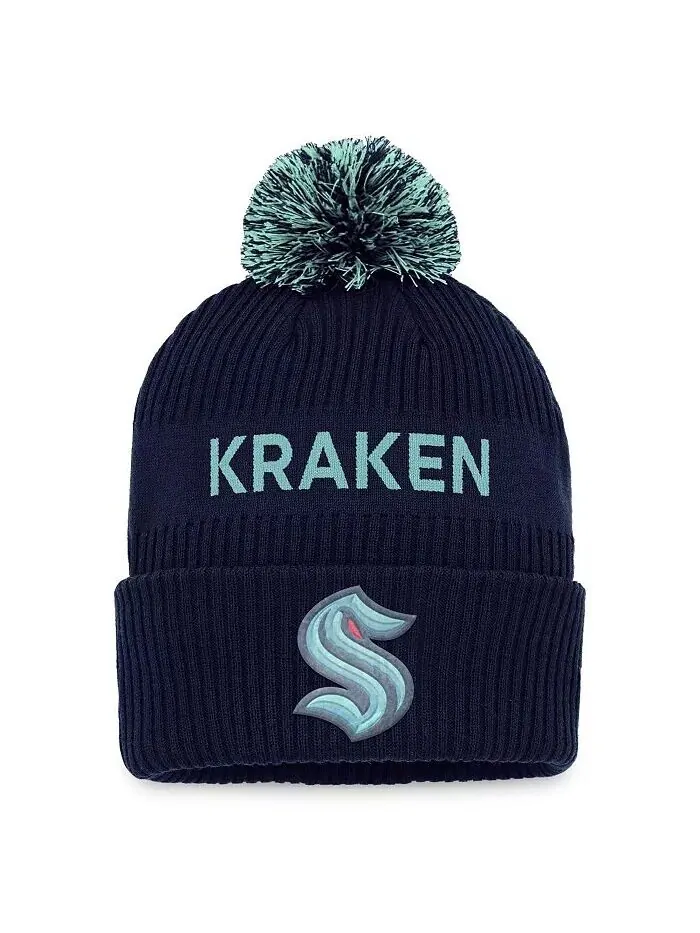 Мужская темно-синяя, голубая вязаная шапка Seattle Kraken NHL Draft Authentic Pro с помпоном — изображение 1 из 2