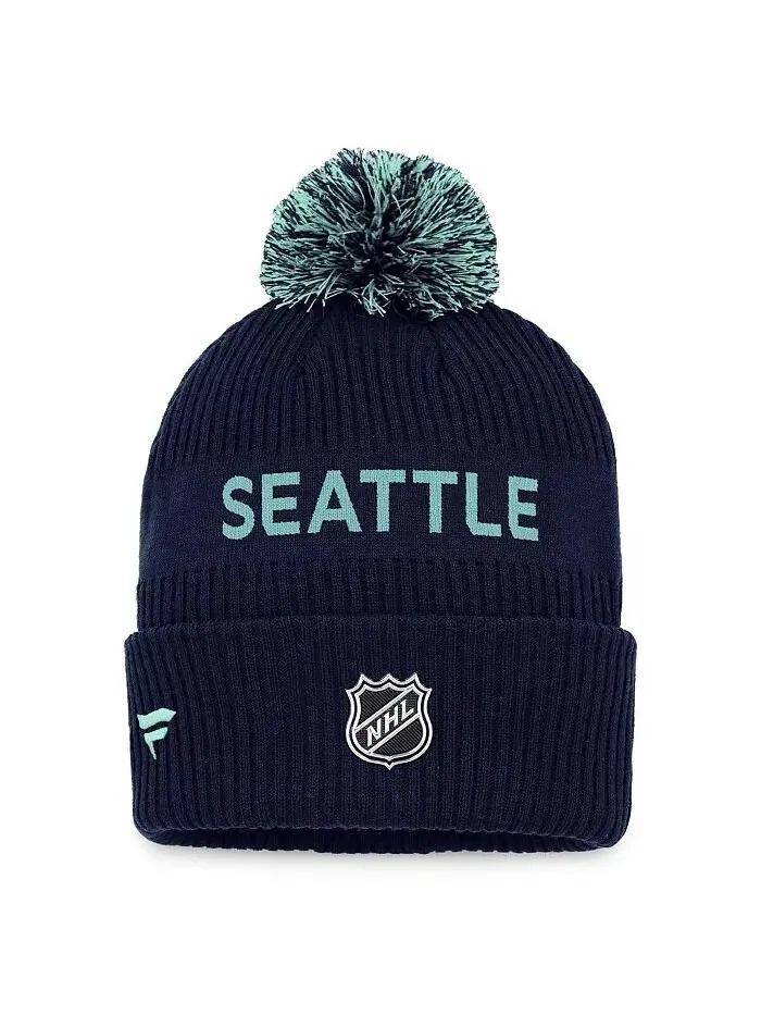 Мужская темно-синяя, голубая вязаная шапка Seattle Kraken NHL Draft Authentic Pro с помпоном — изображение 2 из 2