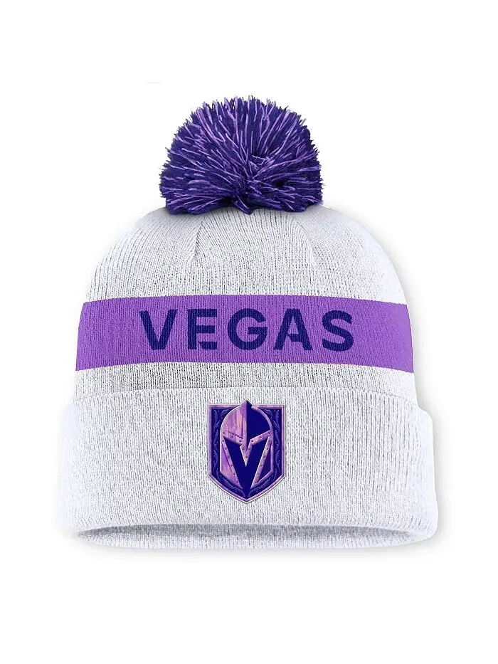 Мужская белая вязаная шапка Vegas Golden Knights Hockey Fights Cancer с манжетами и помпоном — изображение 1 из 2