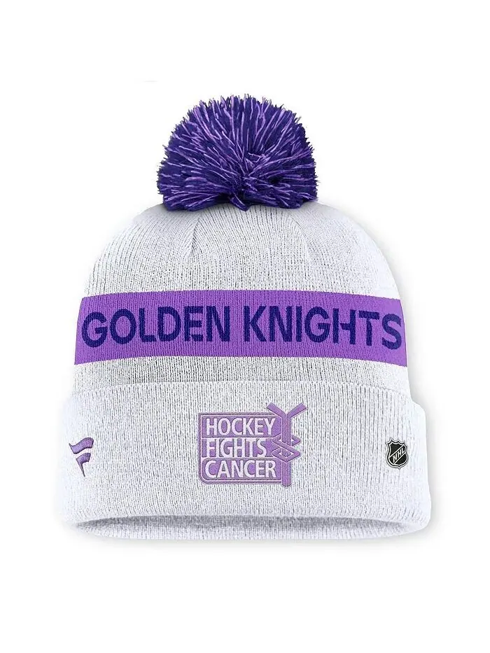 Мужская белая вязаная шапка Vegas Golden Knights Hockey Fights Cancer с манжетами и помпоном — изображение 2 из 2