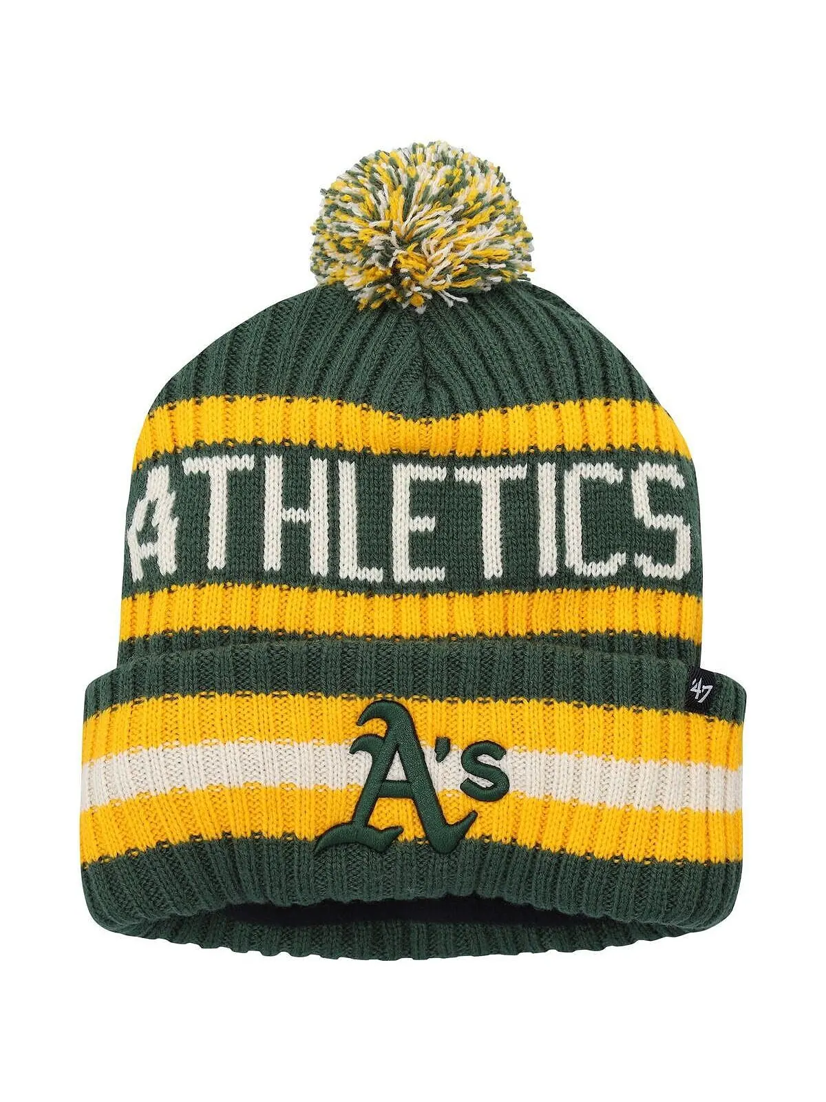 Мужская зеленая вязаная шапка с манжетами и помпоном Oakland Athletics Bering '47 Brand — изображение 1 из 2, зеленый