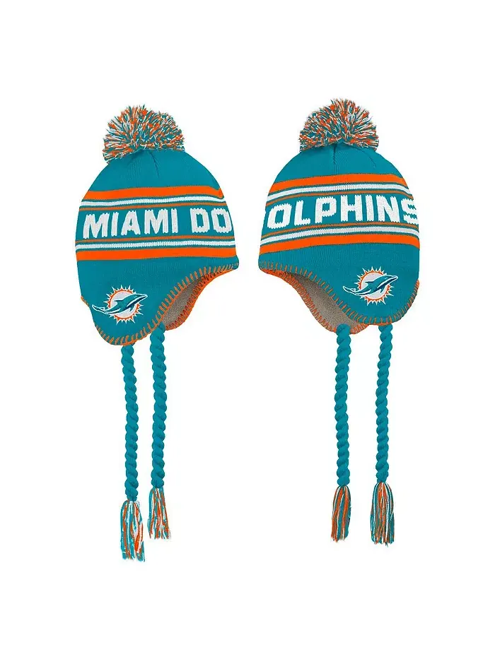 Детская вязаная шапочка с помпоном и кисточками Miami Dolphins в аква-стиле Outerstuff — изображение 2 из 3