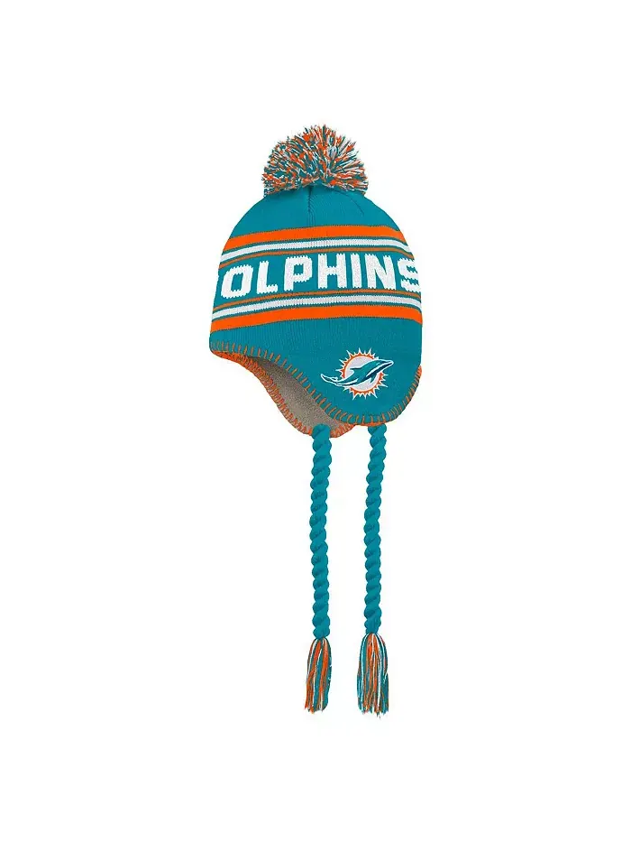 Детская вязаная шапочка с помпоном и кисточками Miami Dolphins в аква-стиле Outerstuff — изображение 3 из 3
