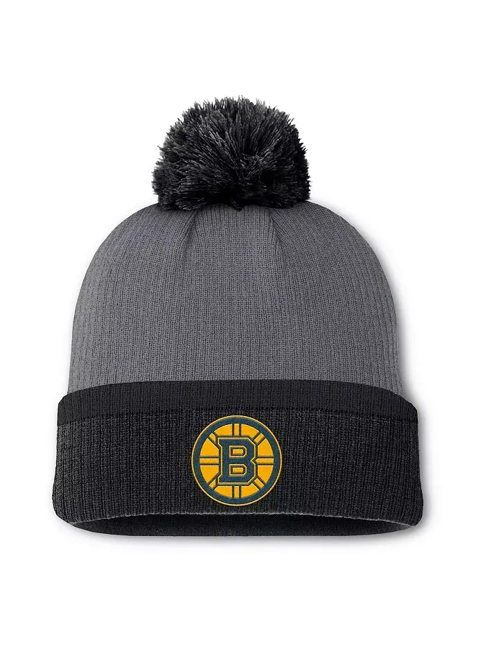 Женская вязаная шапка с отворотом и помпоном Boston Bruins в цвете угольный Fanatics — изображение 1 из 2