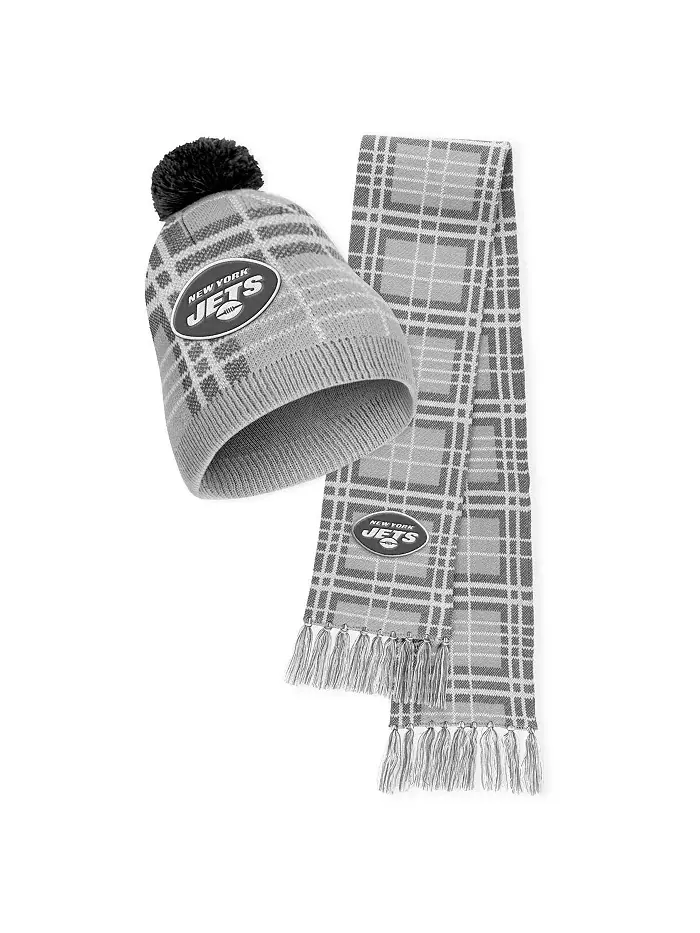 Женская вязаная шапка в клетку New York Jets с помпоном и шарфом в комплекте WEAR by Erin Andrews — изображение 1 из 3