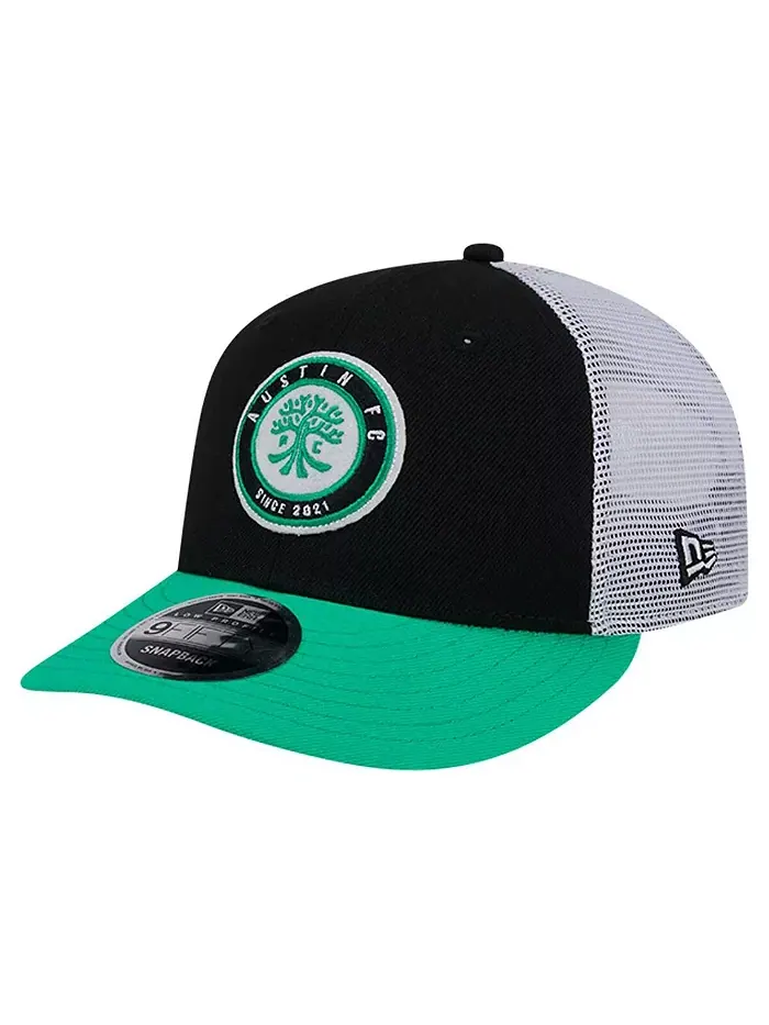 Мужская черная кепка Austin FC Throwback Trucker Low Profile 9FIFTY Snapback New Era — изображение 1 из 4