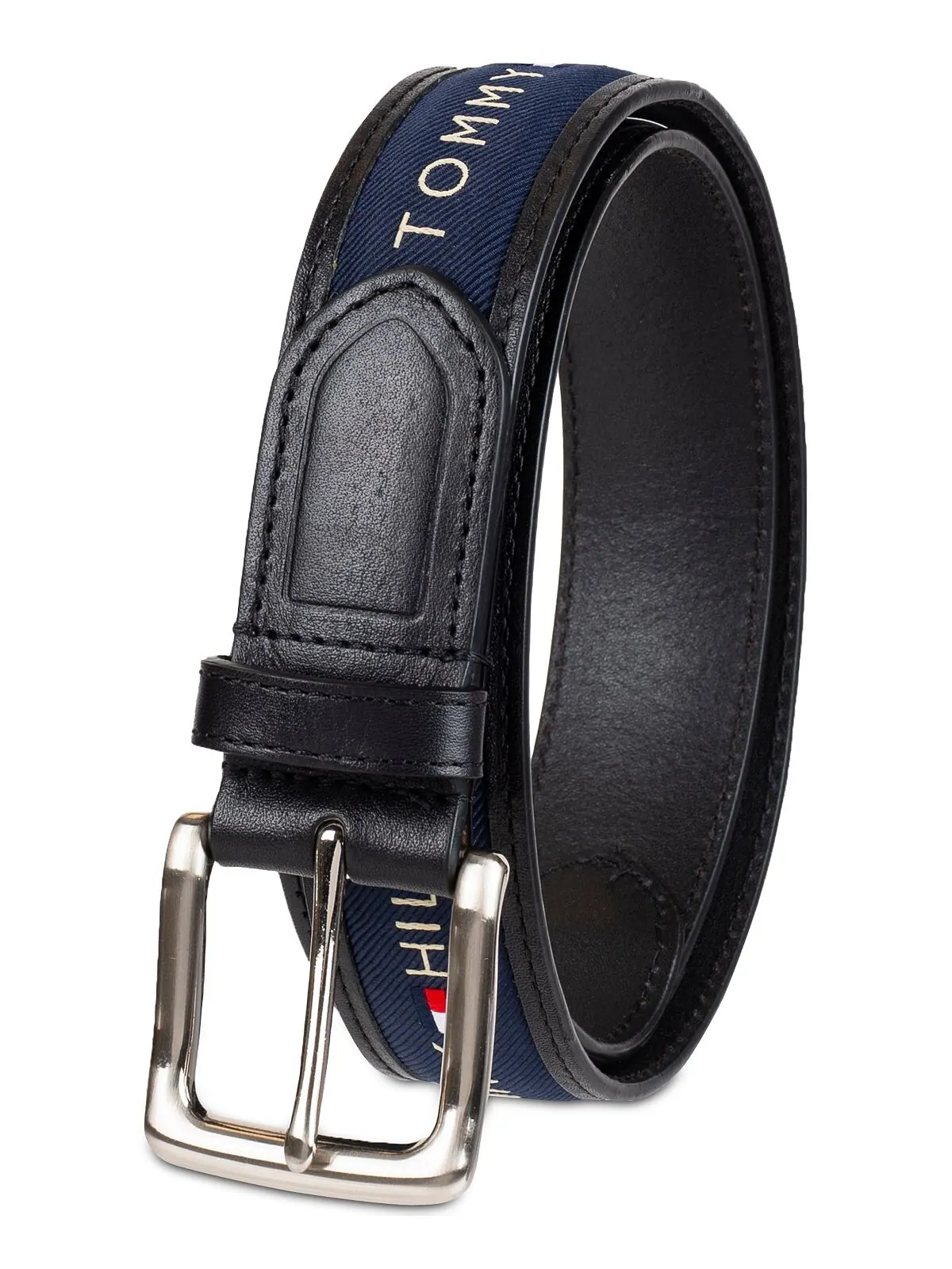 Мужской трехцветный кожаный ремень со вставками из лент Tommy Hilfiger — изображение 3 из 5, черный