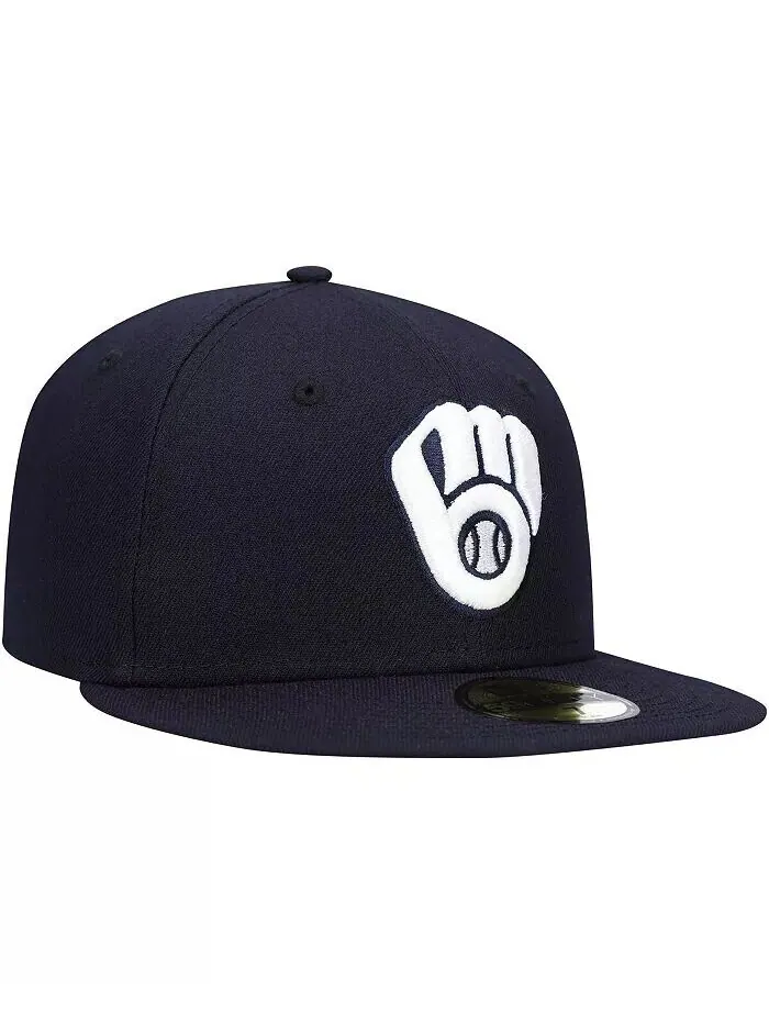Мужская темно-синяя шляпа с логотипом Milwaukee Brewers, белая 59FIFTY, приталенная шляпа New Era — изображение 2 из 4