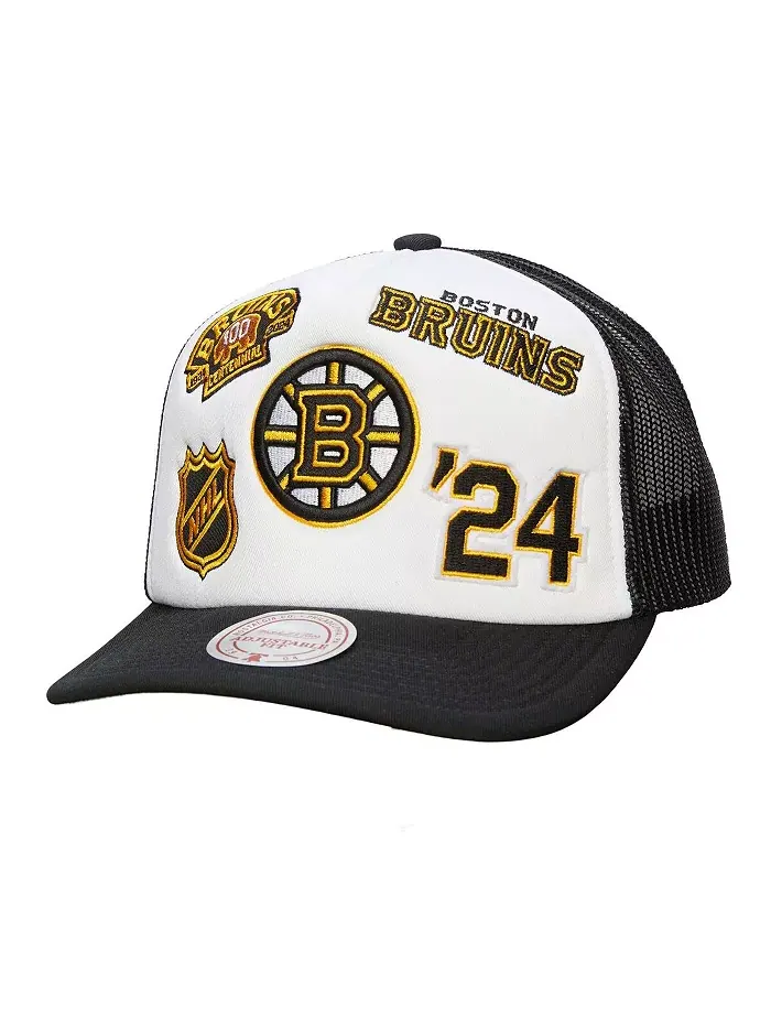 Мужская белая/черная регулируемая кепка дальнобойщика Boston Bruins Gridlock Mitchell & Ness — изображение 1 из 3