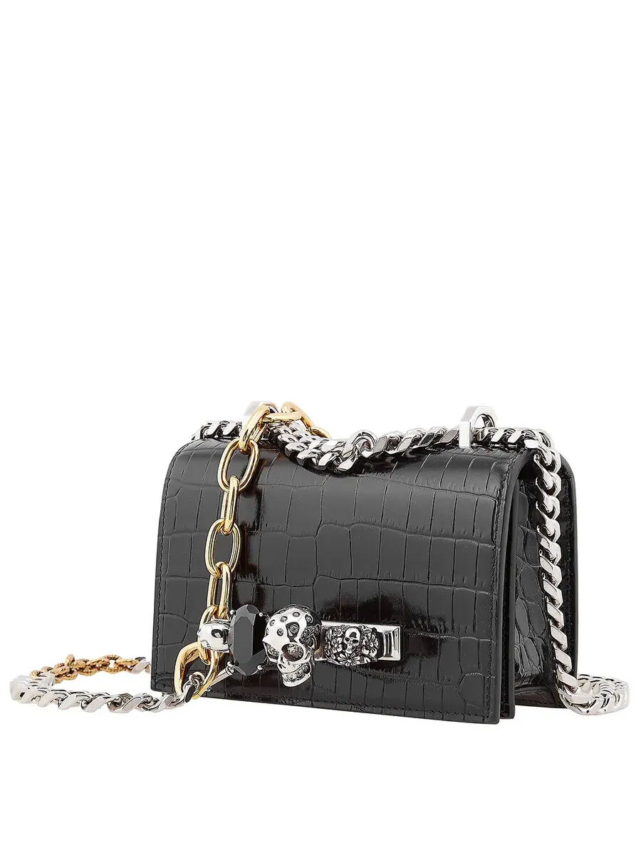 Мини-сумка через плечо Alexander McQueen с цепочкой и драгоценными камнями — изображение 4 из 6, черный